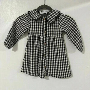Zara Kids Black White Gingham Check Dress Long Sleeve Collar Button Front 2-3 Y